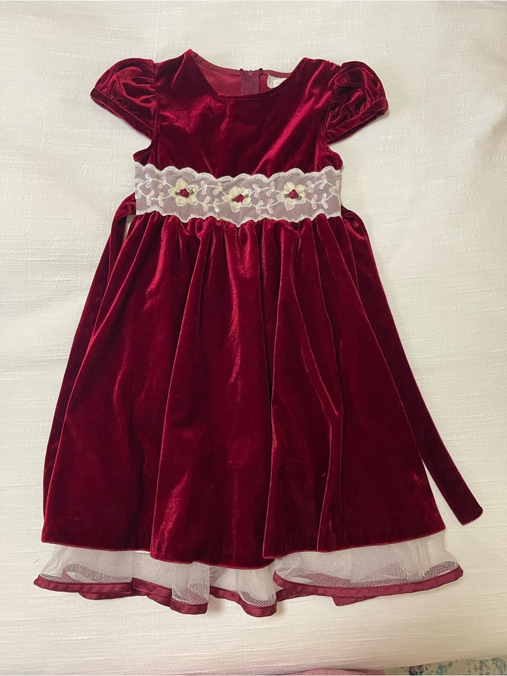 Girls' Burgundy Velvet Holiday Dress with Lace Waistband
